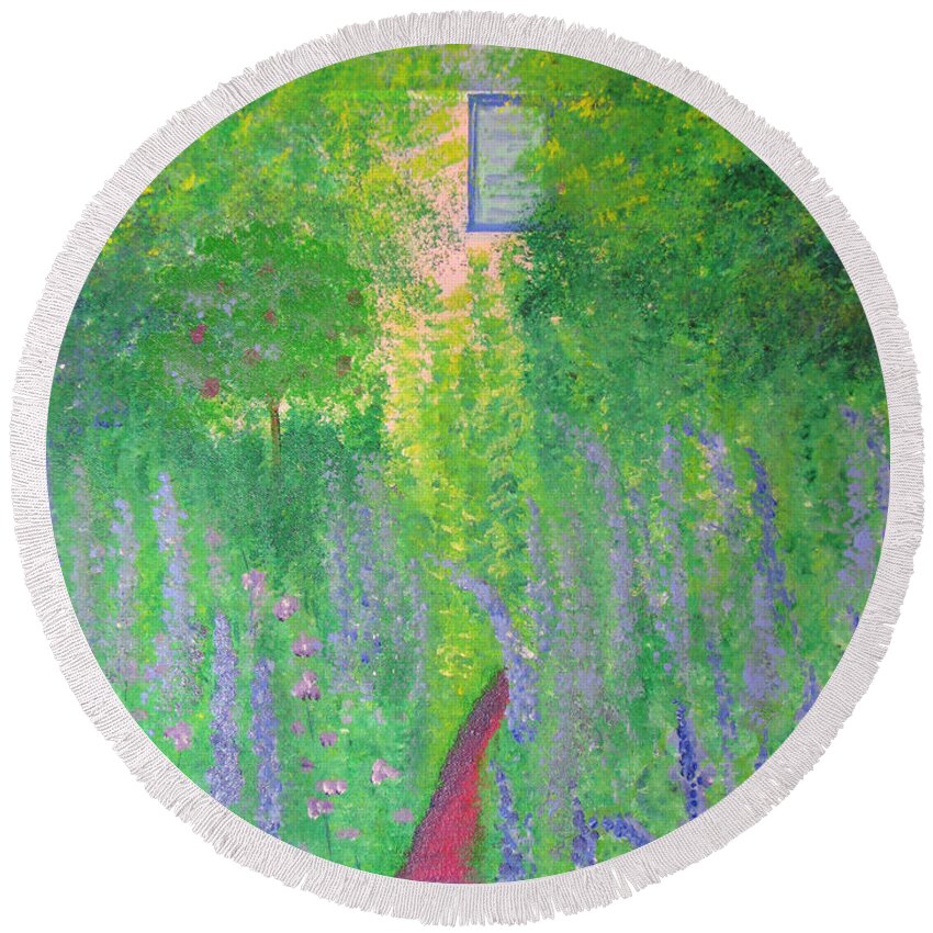 Garden Round Beach Towel featuring the painting An Artist's Cottage by Stacey Zimmerman