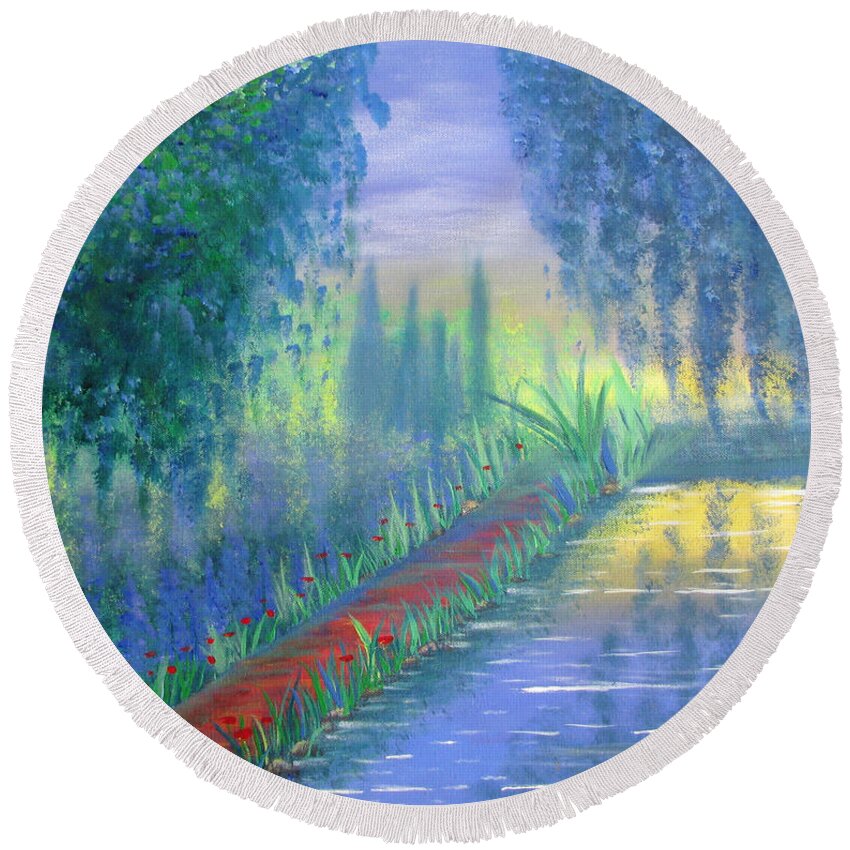 Monet Round Beach Towel featuring the painting An Artist's Garden by Stacey Zimmerman