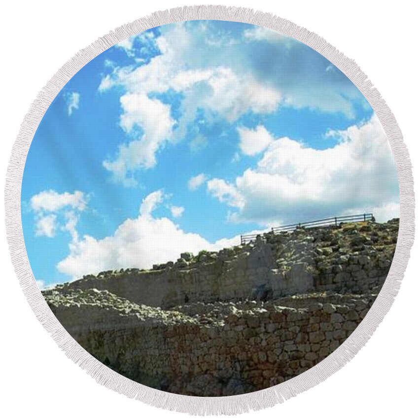 Mycenaean Round Beach Towel featuring the photograph Ancient archeological remains V in Mycenae Greece by John Shiron