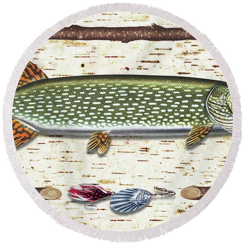 Pike Round Beach Towel featuring the painting Antique Birch Pike and Lure by JQ Licensing