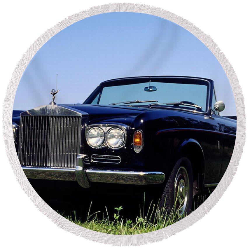 Antique Rolls Royce Convertible Car Round Beach Towel featuring the photograph Antique Rolls Royce by Sally Weigand