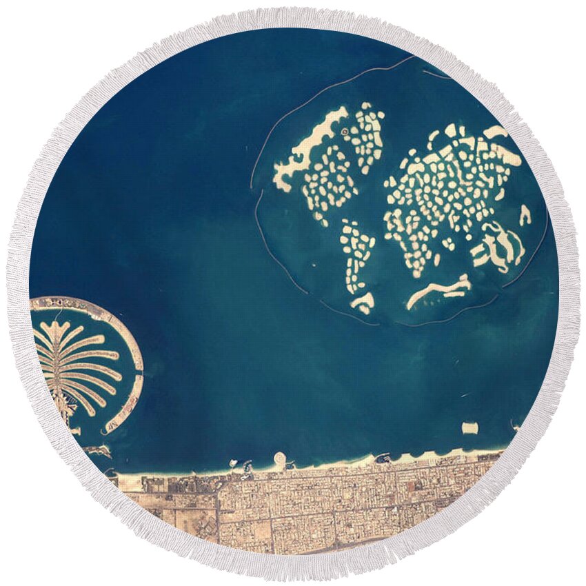 Aerial View Round Beach Towel featuring the photograph Artificial Archipelagos, Dubai, United by NASA/Science Source