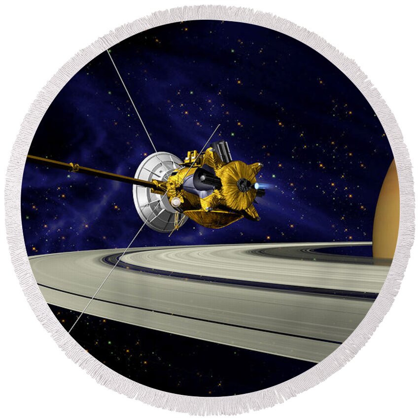 Saturn Orbit Insertion Round Beach Towel featuring the photograph Artwork Of Cassini During Soi Maneuver by Nasa