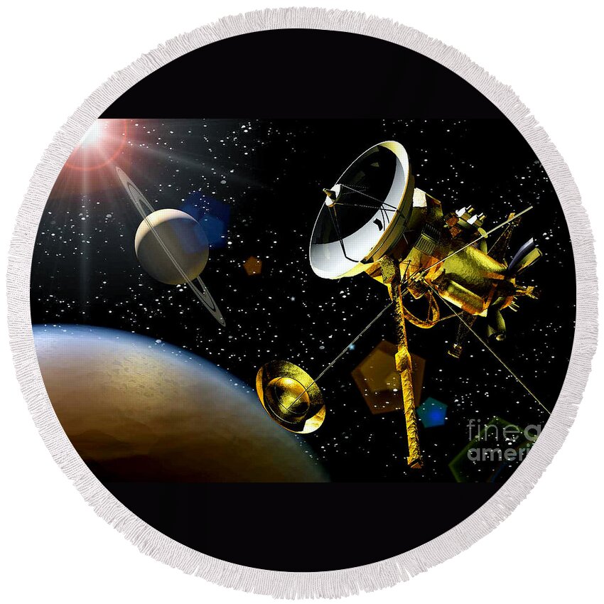 Cassini Spacecraft Round Beach Towel featuring the photograph Artwork Of Huygens Probe Approaching by Nasa
