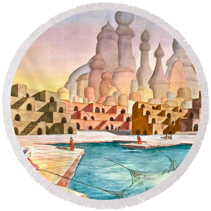 Atlantis Round Beach Towel featuring the painting Atlantis Retrospect by Frank SantAgata