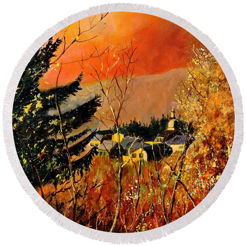Landscape Round Beach Towel featuring the painting Autumn in Rochehaut by Pol Ledent