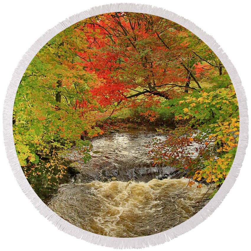 Brook Round Beach Towel featuring the photograph Autumn Red By The Brook by Deborah Benoit