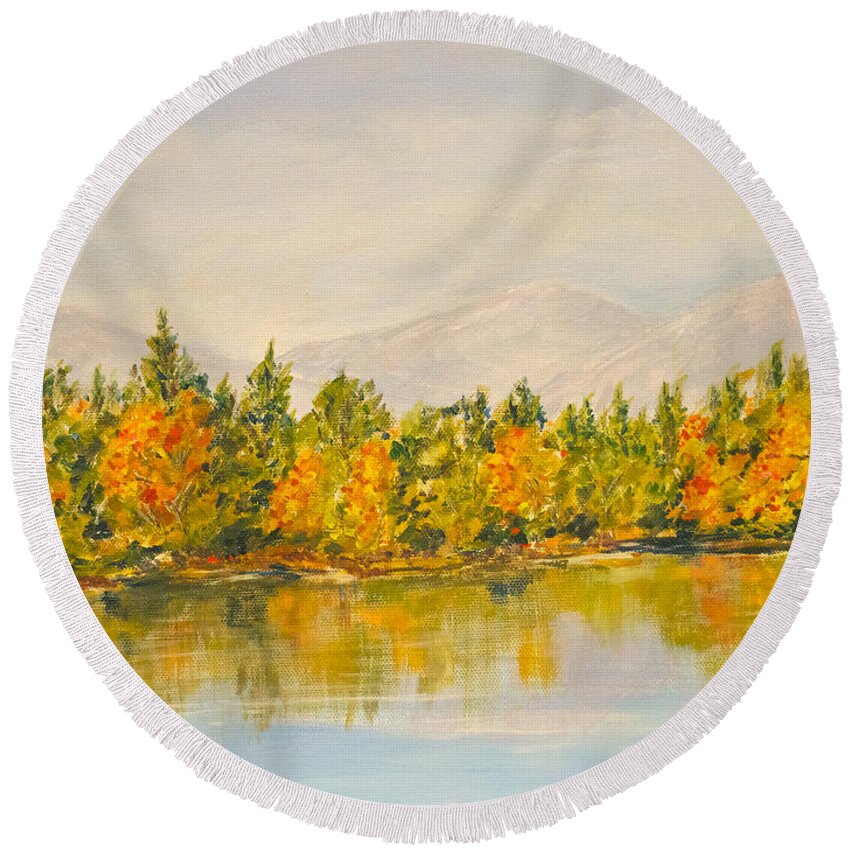  Lake Reflection Round Beach Towel featuring the painting Beyond the hills by Milly Tseng