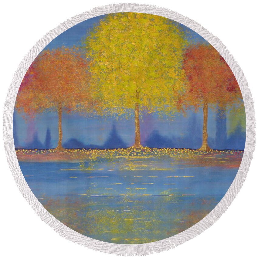 Autumn Round Beach Towel featuring the painting Autumn's Bliss by Stacey Zimmerman
