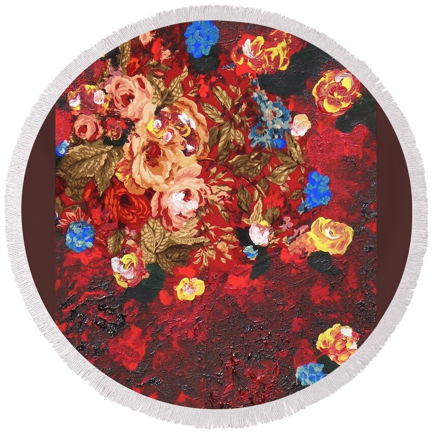 Mixed Media Round Beach Towel featuring the painting Baba's Garden lg by Alys Caviness-Gober