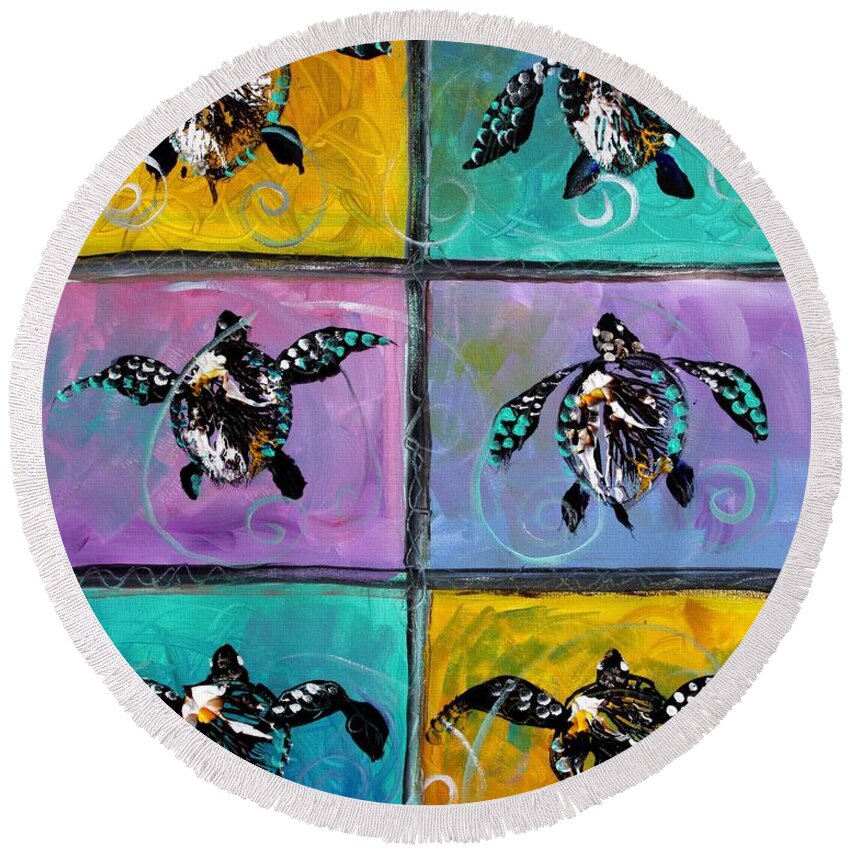 Sea Turtles Round Beach Towel featuring the painting Baby Sea Turtles Six by J Vincent Scarpace
