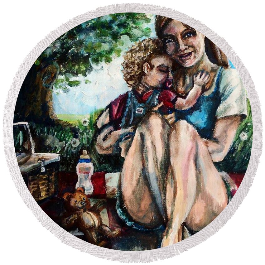 Mom Round Beach Towel featuring the painting Baby's First Picnic by Shana Rowe Jackson