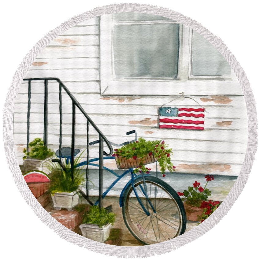 Watercolor Round Beach Towel featuring the painting Back Step by Nancy Patterson