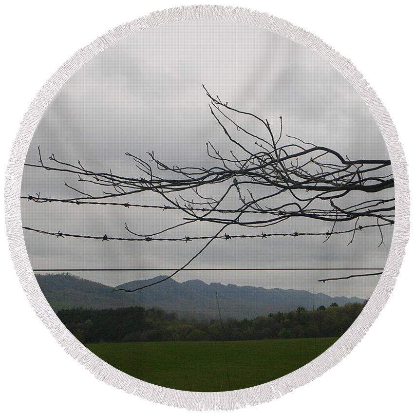 Landscape Round Beach Towel featuring the photograph Barbed Wire Promenade by Jack Harries