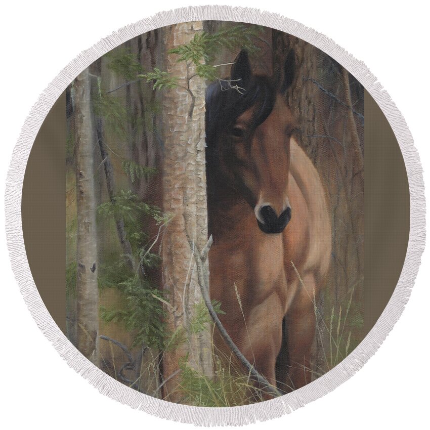 Horse Behind Tree Round Beach Towel featuring the painting Bashful by Tammy Taylor