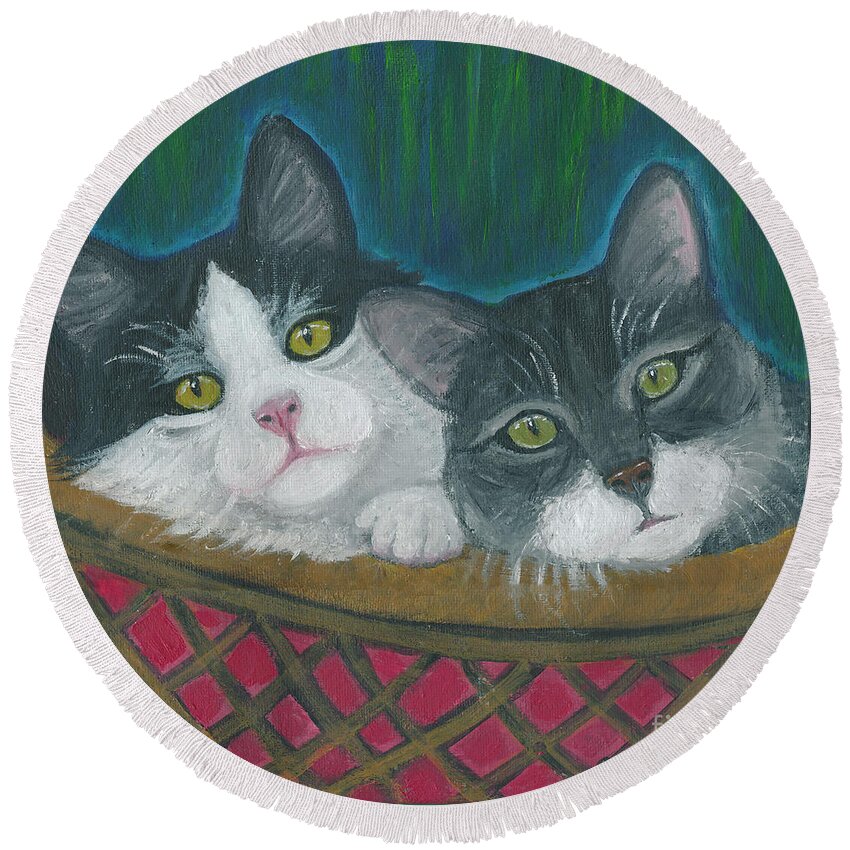 Cat Round Beach Towel featuring the painting Basket of Kitties by Ania M Milo
