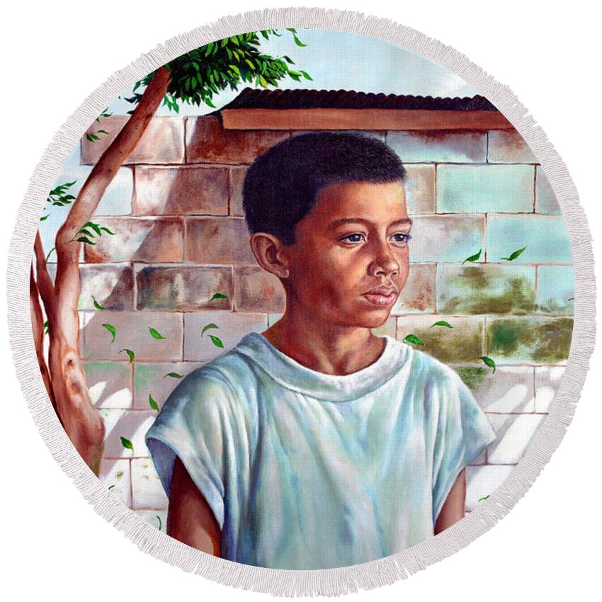 Bata Round Beach Towel featuring the painting Bata the Filipino Child by Christopher Shellhammer