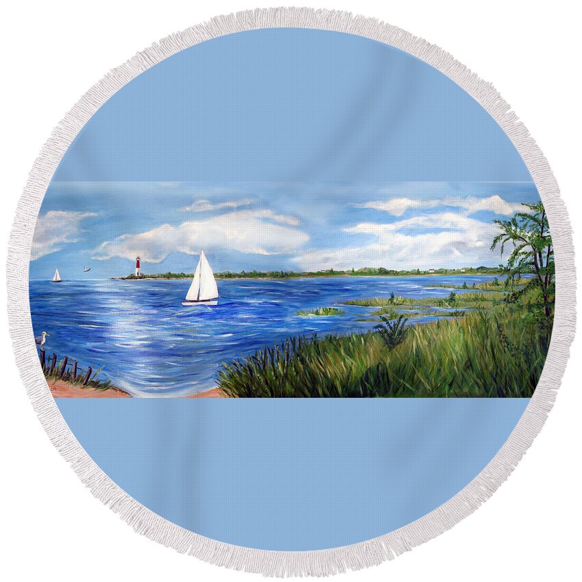 Marshland Round Beach Towel featuring the painting Bayville Marsh by Clara Sue Beym
