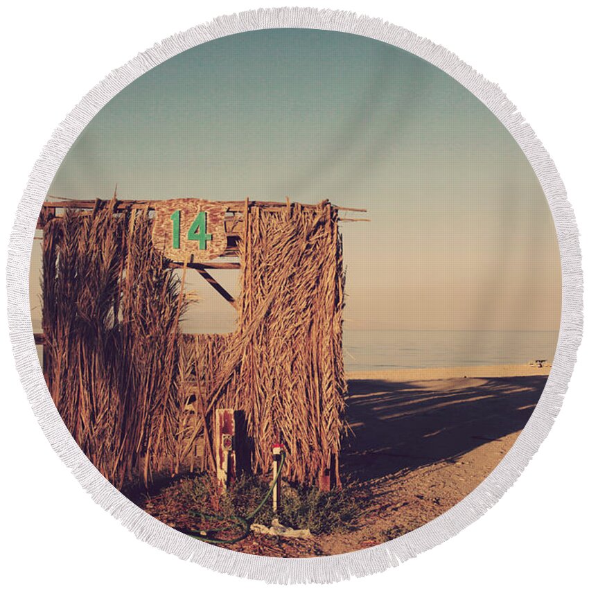 Salton Sea Round Beach Towel featuring the photograph Beach Hut Number Fourteen by Laurie Search