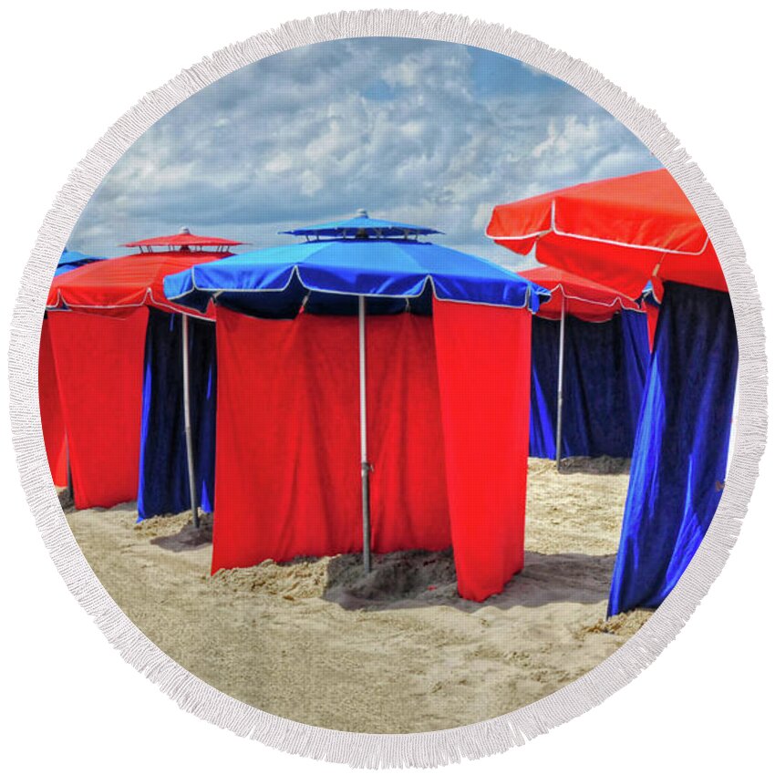 Beach Round Beach Towel featuring the photograph Beach Umbrellas Nice France by Dave Mills