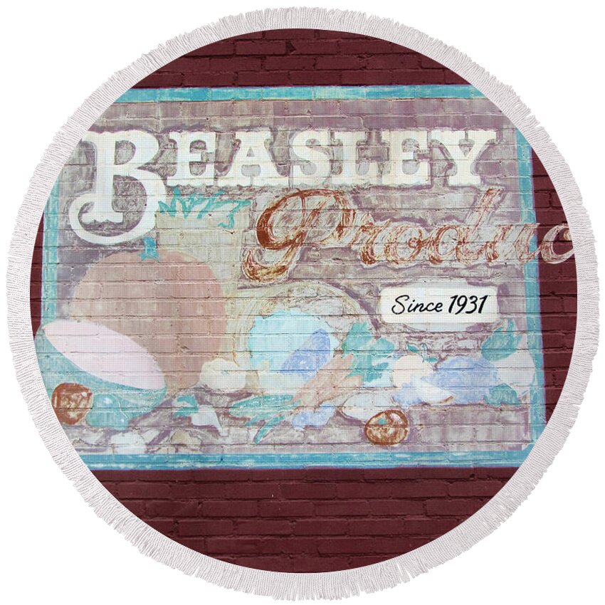 Vintage Sign Round Beach Towel featuring the photograph Beasley Produce Since 1931 by Kathy Clark