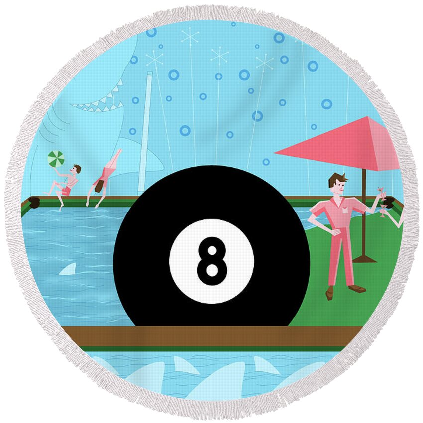 Pool Table Round Beach Towel featuring the digital art Behind the Eight Ball by Alison Stein