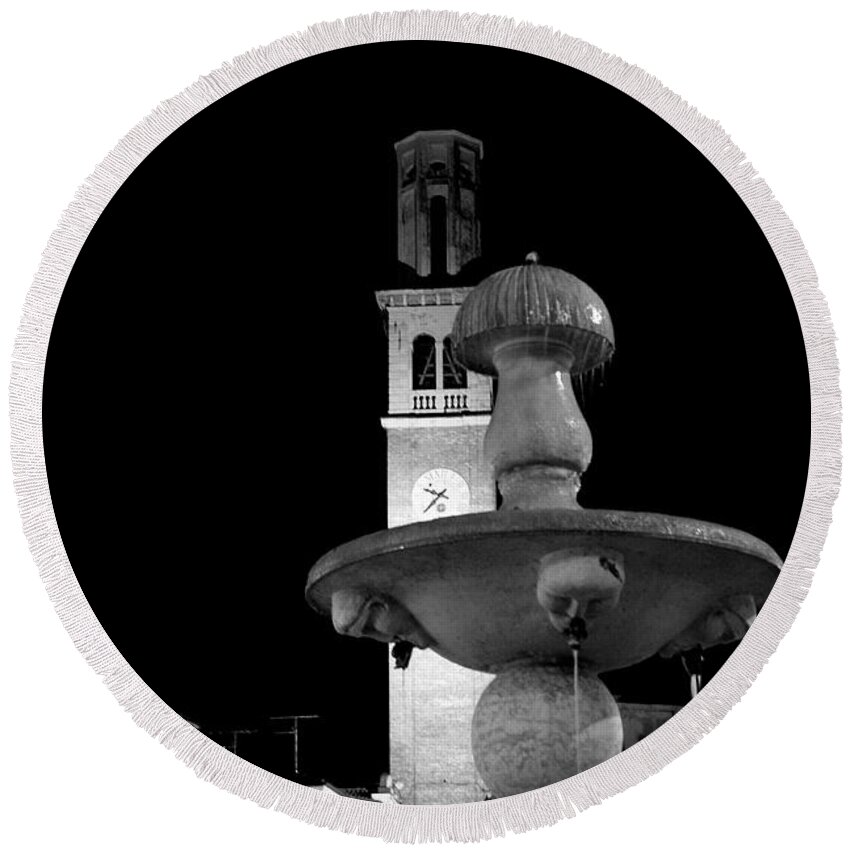 Bell Tower Round Beach Towel featuring the photograph Behind the Strange Fountain by Donato Iannuzzi
