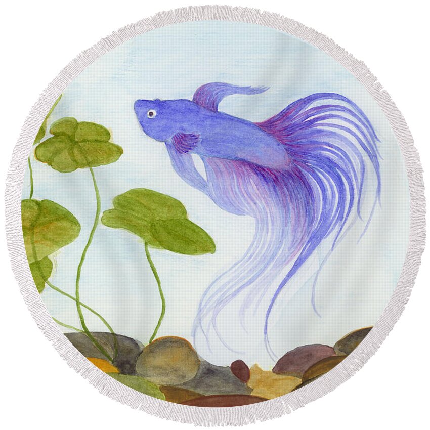 Betta Round Beach Towel featuring the painting Blue Betta 2 by Jackie Irwin