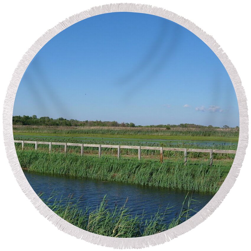 Marsh Round Beach Towel featuring the photograph Bike Path in the Meadows by Nancy Patterson