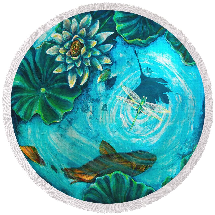 Koi Round Beach Towel featuring the painting Birdseye Dragonfly by Ashley Kujan