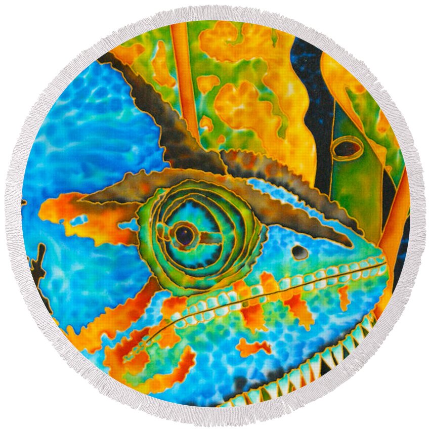 Chameleon Painting Round Beach Towel featuring the painting Blue Chameleon by Daniel Jean-Baptiste