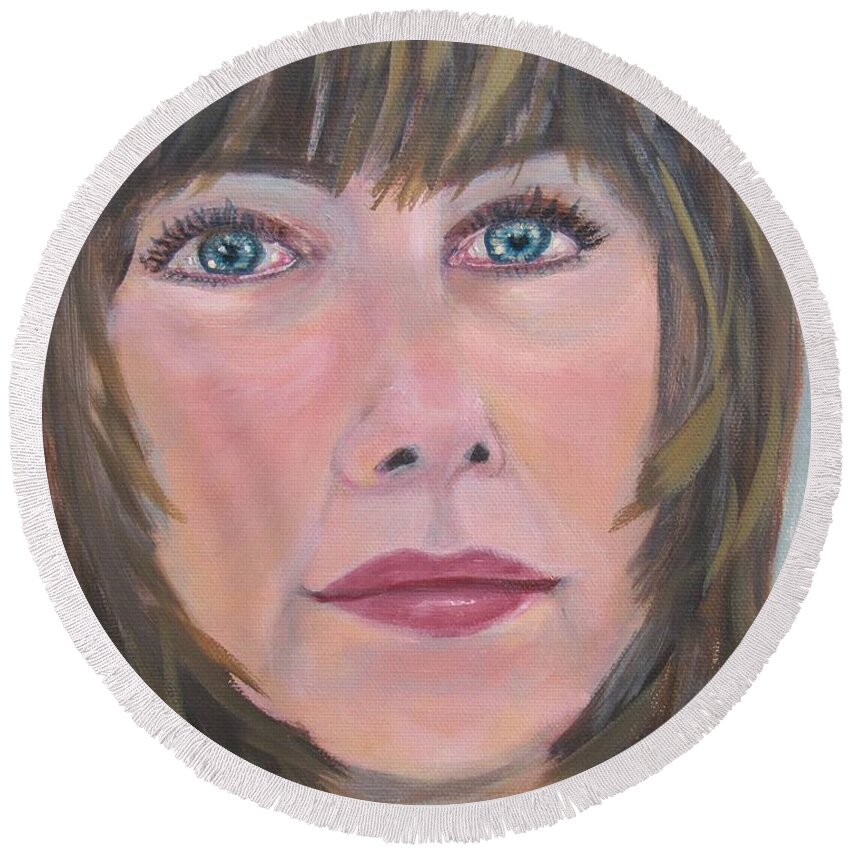 Portrait Round Beach Towel featuring the painting Blue Eyes by Laurie Morgan