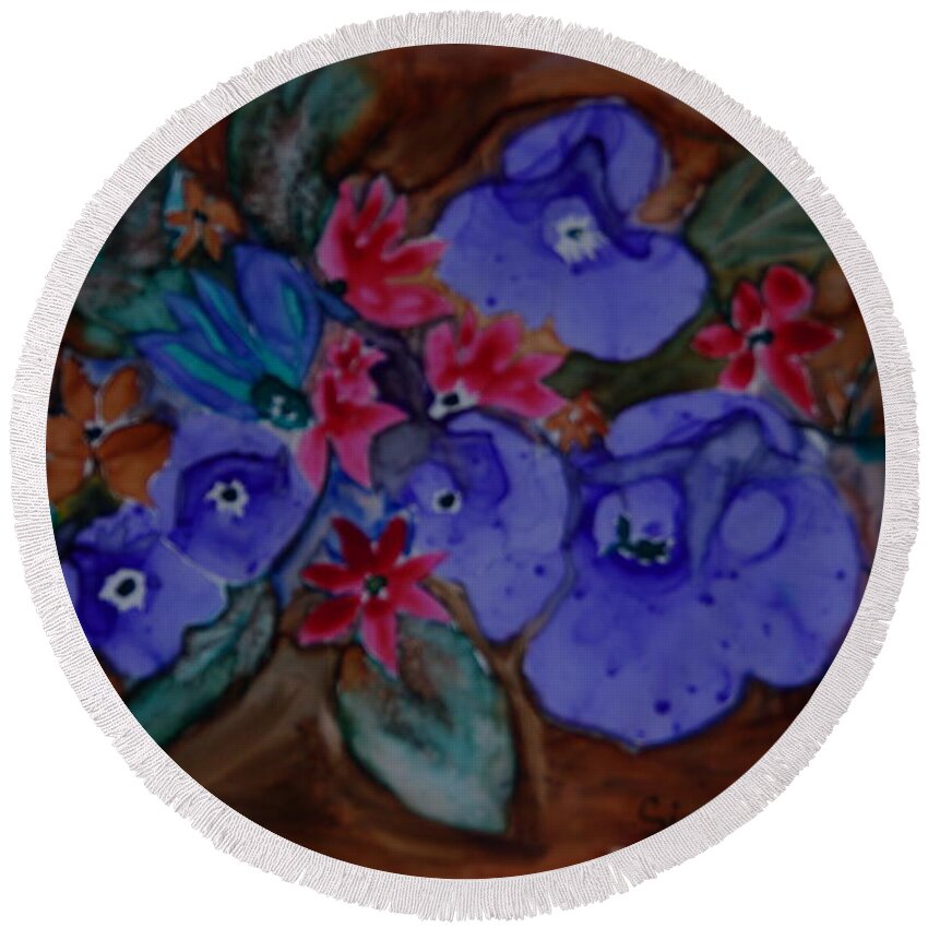 Flowers Round Beach Towel featuring the painting Blue flowers by Sima Amid Wewetzer