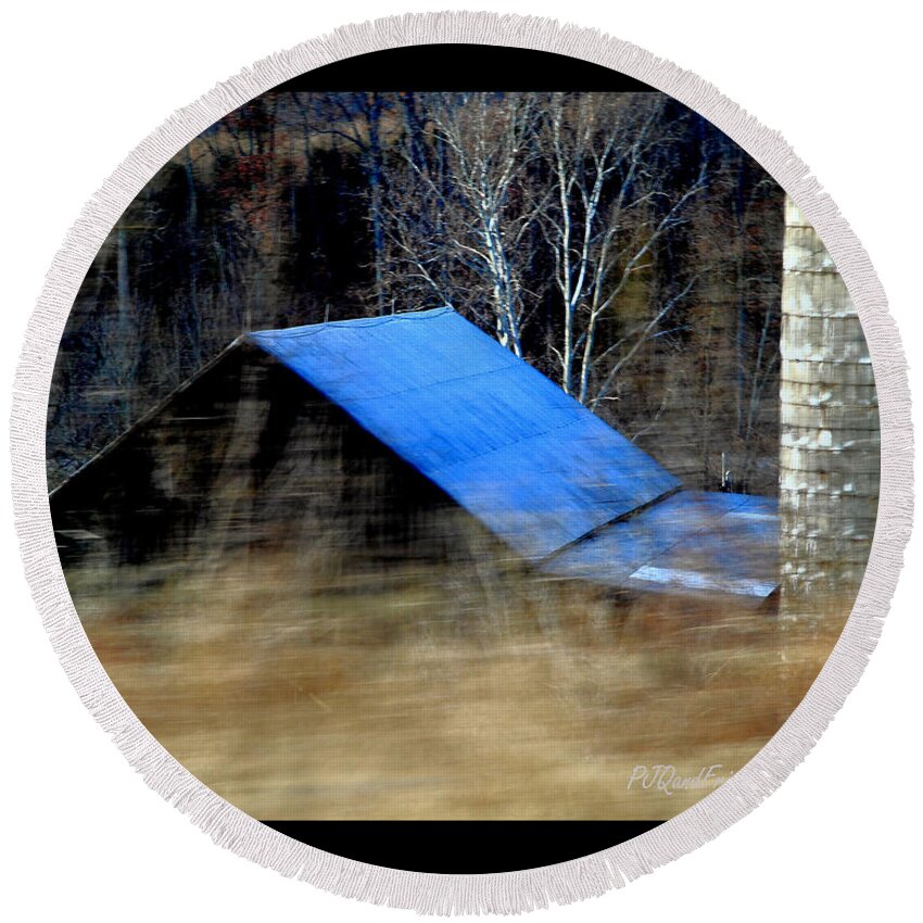 Barn Round Beach Towel featuring the photograph 'Blue Roof Barn' by PJQandFriends Photography