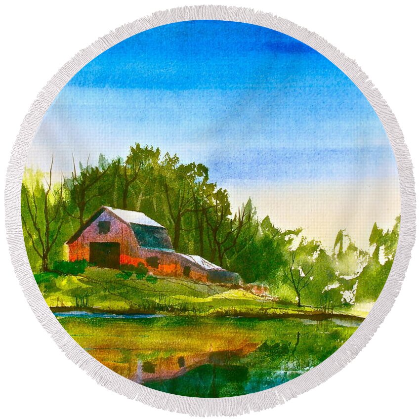 Blue Round Beach Towel featuring the painting Blue Sky River by Frank SantAgata