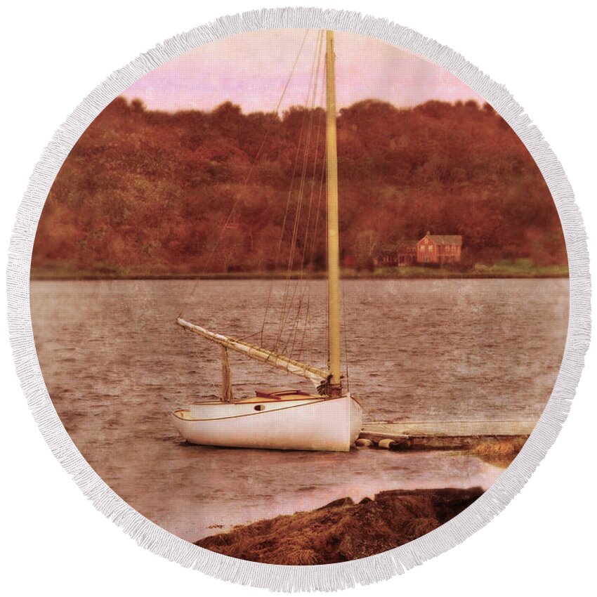 Boat Round Beach Towel featuring the photograph Boat Docked on the River by Jill Battaglia
