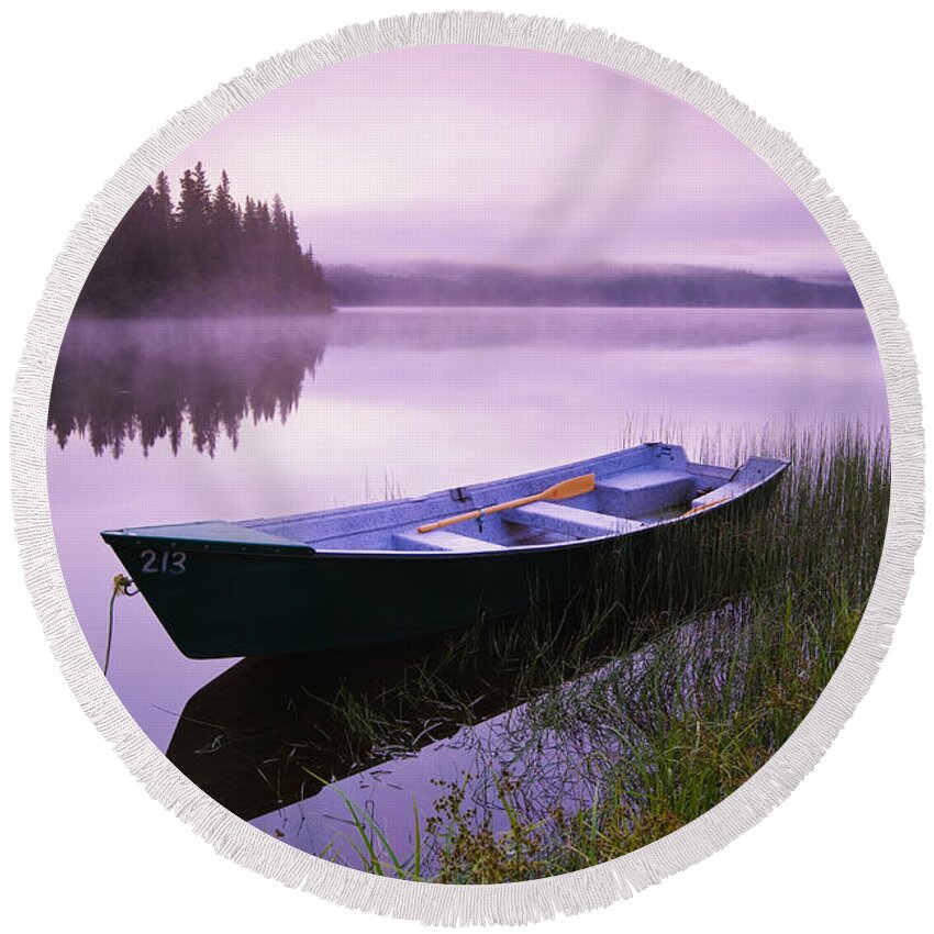 Boat Round Beach Towel featuring the photograph Boat In Mist At Dawn, Rimouski Lake by Yves Marcoux