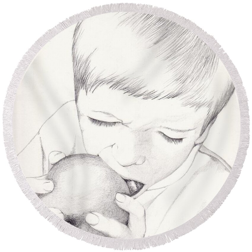 Apple Round Beach Towel featuring the photograph Boy with Apple by Kelly Hazel