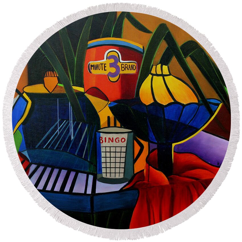 Abstract Round Beach Towel featuring the painting Breakfast with Oatmeal by Karin Eisermann