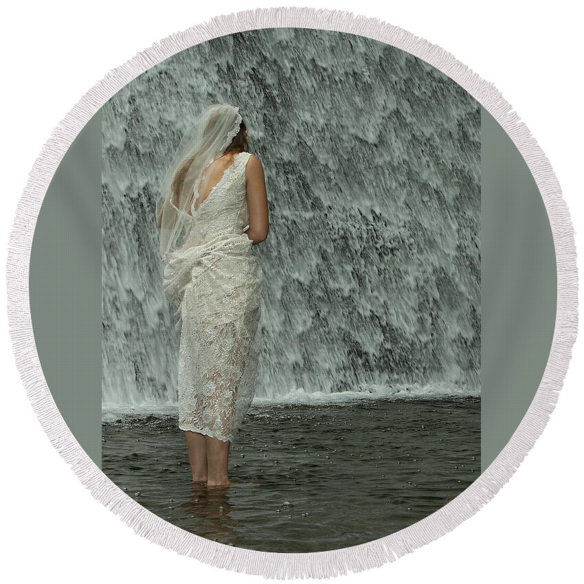 Water Round Beach Towel featuring the photograph Bride Below Dam by Daniel Reed