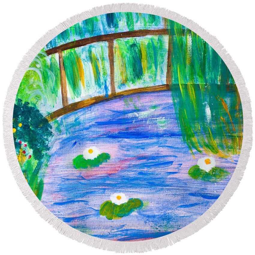 Acrylic Round Beach Towel featuring the painting Bridge of lily pond by Simon Bratt