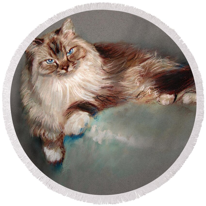 Cat Round Beach Towel featuring the pastel Browny White by Ylli Haruni