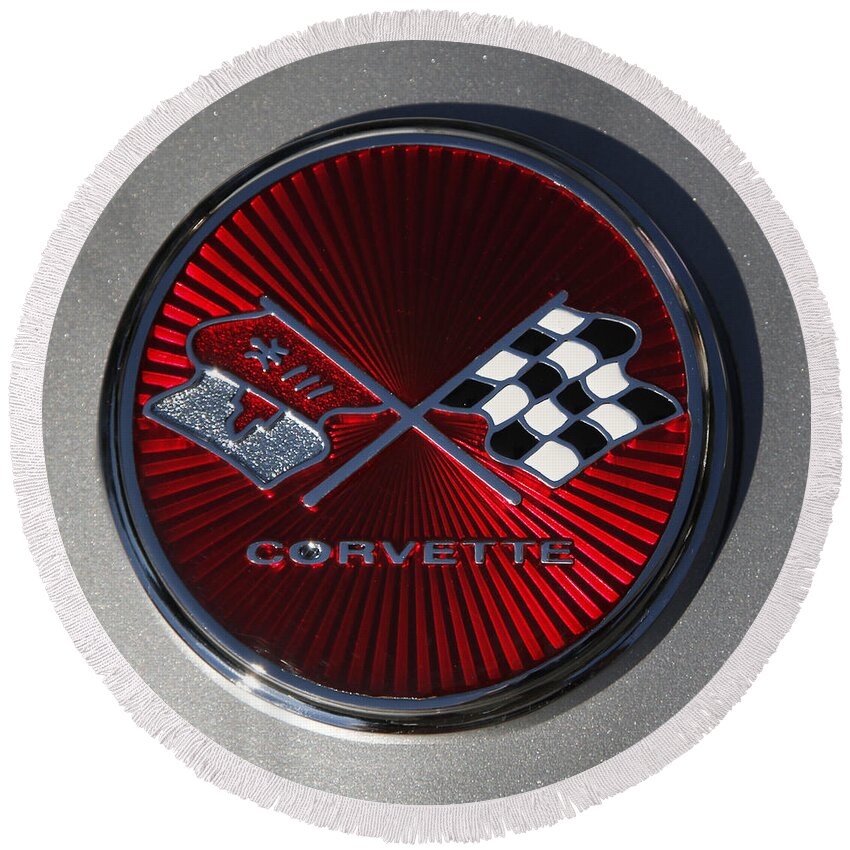 Corvette Round Beach Towel featuring the photograph C3 Corvette emblem silver by Dennis Hedberg