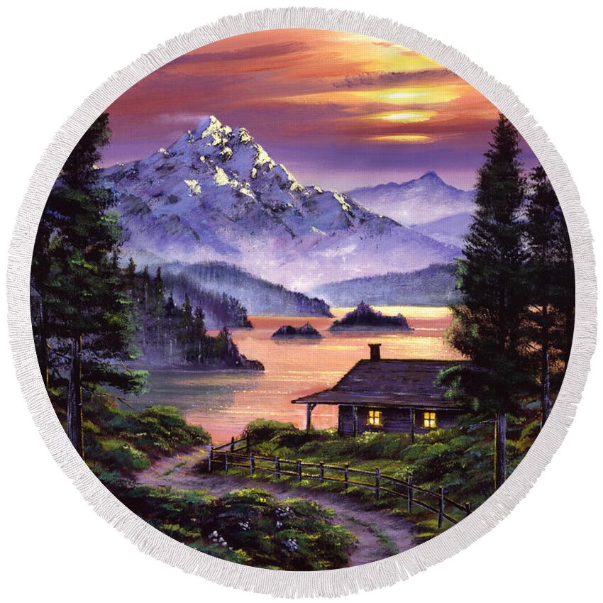 Landscape Round Beach Towel featuring the painting Cabin On The Lake by David Lloyd Glover