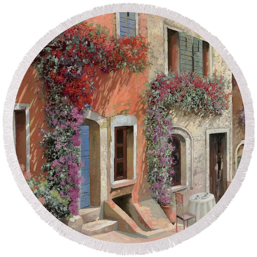 Caffe Round Beach Towel featuring the painting Caffe Sulla Discesa by Guido Borelli