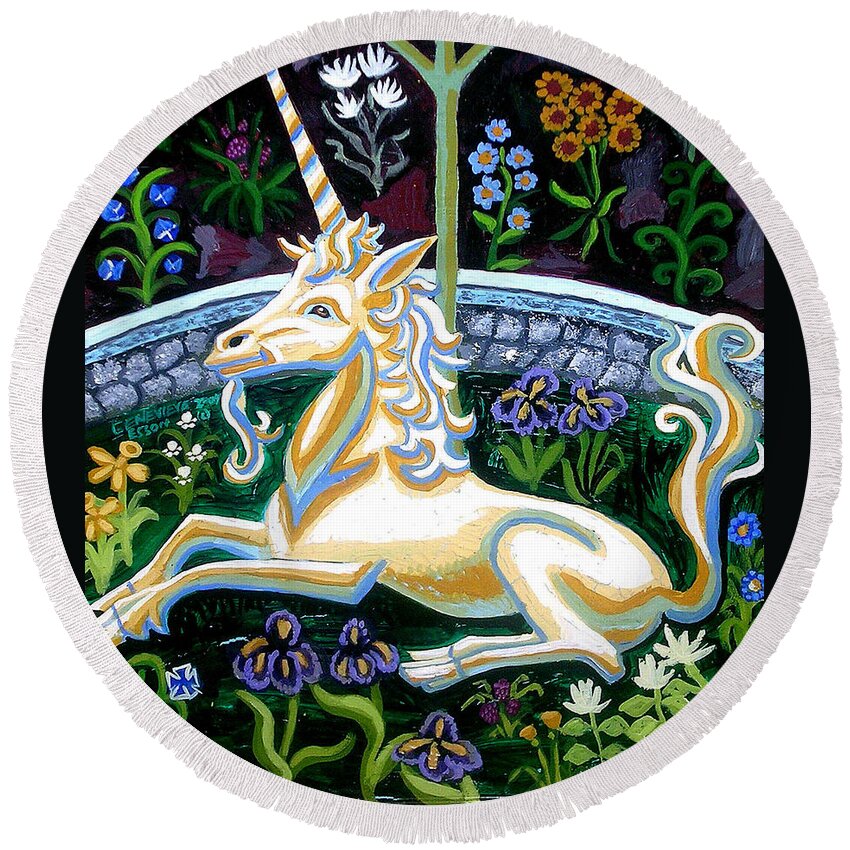Unicorn Round Beach Towel featuring the painting Captive Unicorn by Genevieve Esson