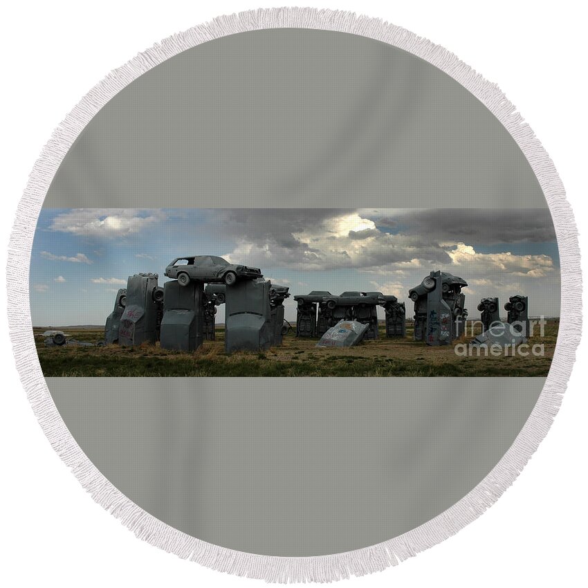 Carhenge Round Beach Towel featuring the photograph Carhenge by Vivian Christopher