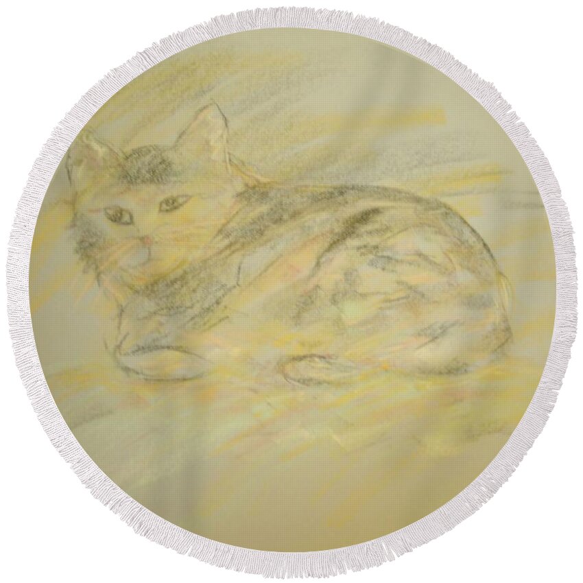 Cat Round Beach Towel featuring the pastel Cat Sketch 2 by Samantha Lusby