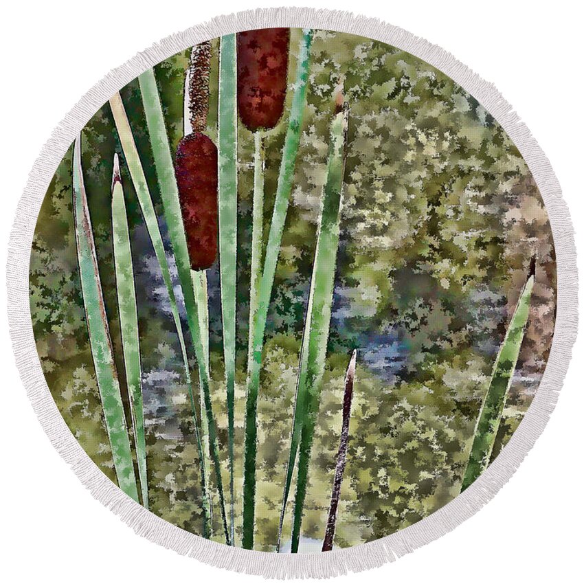 Cattails Round Beach Towel featuring the photograph Cattails Along the Pond by Don Schwartz