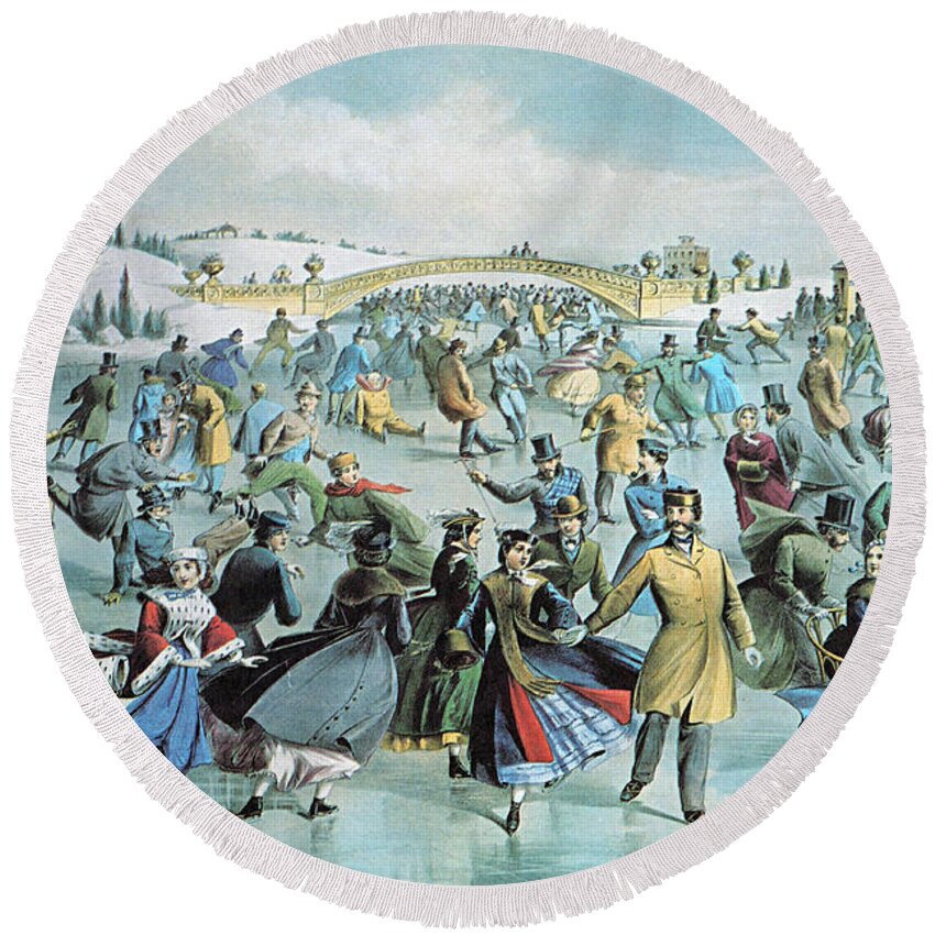 Currier & Ives Round Beach Towel featuring the photograph Central Park Skating Pond New York by Photo Researchers